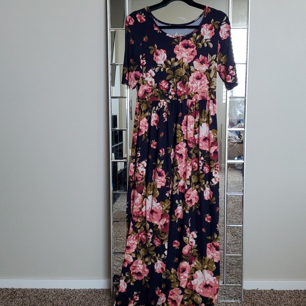 Navy and pink rose maxi dress